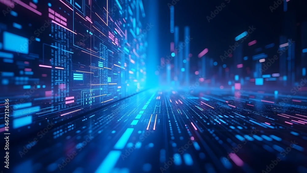 Poster futuristic digital city with data streams in glowing blue and pink hues. A dynamic technological scene capturing the essence of data and the digital realm