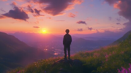 Fototapeta premium A young boy admires a vibrant sunset over the mountains, silhouetted against colorful skies.