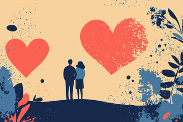 Artistic Valentine's Day Wallpaper Featuring a Romantic Couple and a Creative Splash of Hearts in a Colorful Abstract Style vector