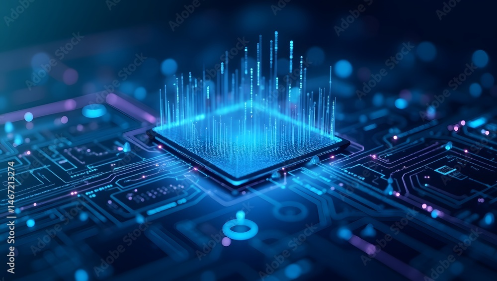 Poster a detailed view of a powerful CPU emitting light beams, representing data processing and modern technology