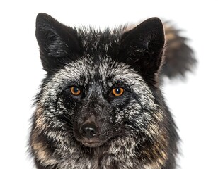 Fototapeta premium Black Fox Portrait: Close Up of a Silver-Gray Fox Against White Background