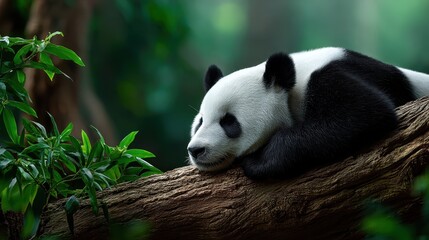 Obraz premium Playful panda rolling in grass, dirt and leaves scattered around, distant capture with shallow depth of field
