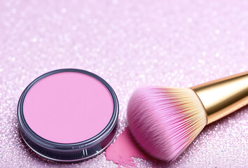 Beauty and makeup meet with a pink powder brush and compact for a glamorous facial cosmetic touch, Generative Ai