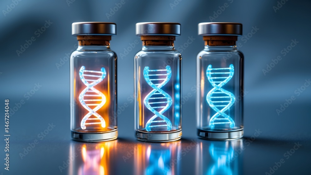 Poster three glass vials containing a glowing double helix of dna against a blue background. the vials are 