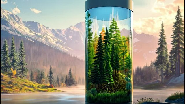 Nature's Encapsulation: A Miniature Forest in a Glass Cylinder, Nestled by a Serene Lake and Majestic Mountains