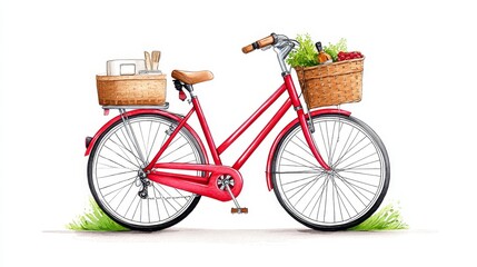 Fototapeta premium Watercolor Bicycle Picnic Ride - A red bicycle with picnic baskets, symbolizing adventure, freedom, nature, relaxation, and healthy living