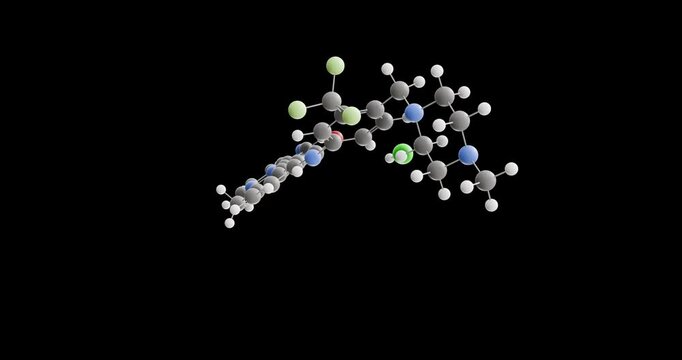 Ponatinib Hydrochloride molecule, rotating 3D model of inhibitor of tyrosine kinases, looped video on a black background