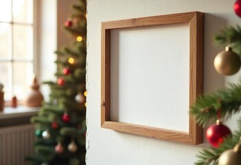 An empty frame hangs on a wall, with a blurred Christmas tree and other room elements in the background, a home Christmas tree is displayed, and a house is decorated with Christmas lights.