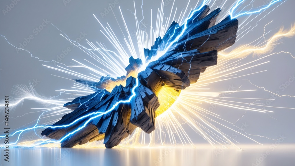 Aufkleber Abstract digital art of energy beams and stone structure. The image features a stone structure being struck by electric beams. The digital art creates a visually dynamic and striking effect