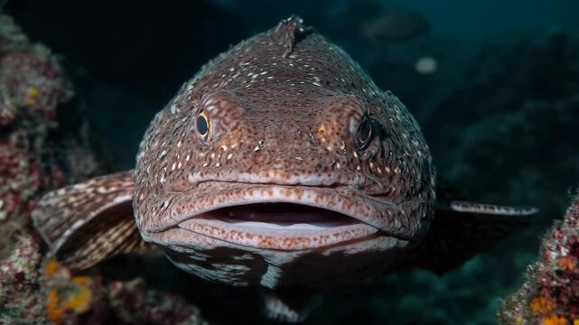 Close up of a mottled brown lingcod fish swimming in the ocean depths with an open mouth and visible teeth
