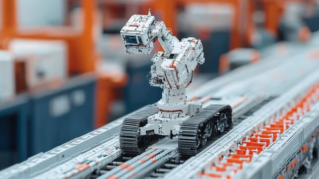 Robotic arm on a tracked vehicle in a factory setting.  The robotic arm is positioned to manipulate an object, while the vehicle is on a track system, likely in a manufacturing environment