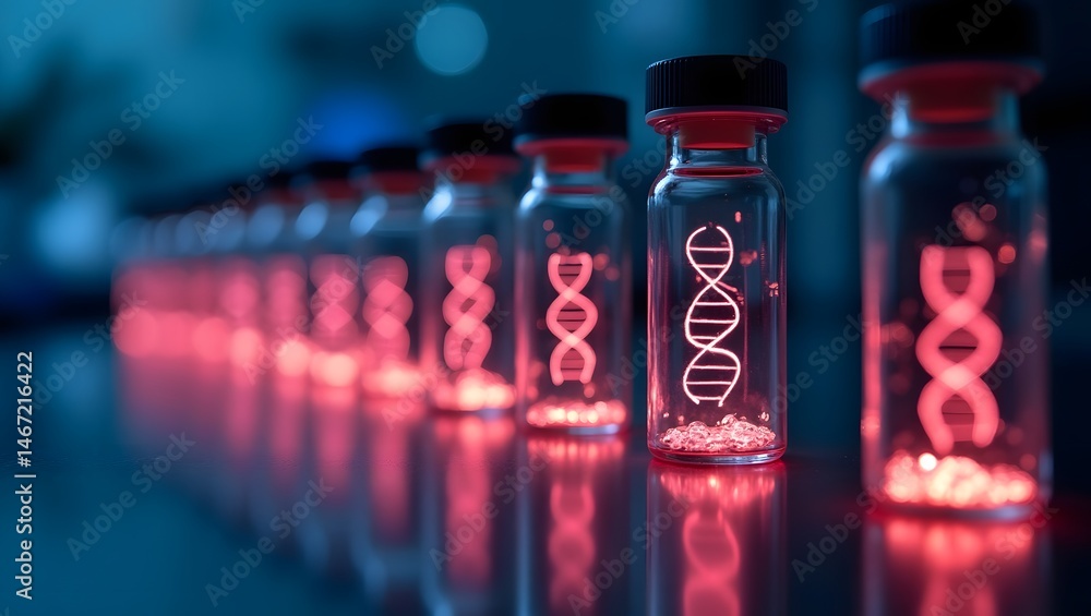Poster the image shows a line of vials illuminated with a dna strand, possibly depicting a breakthrough in 