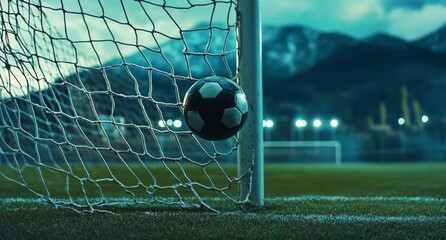 Soccer Goal, Ball in Net, Mountain Background, Evening Game