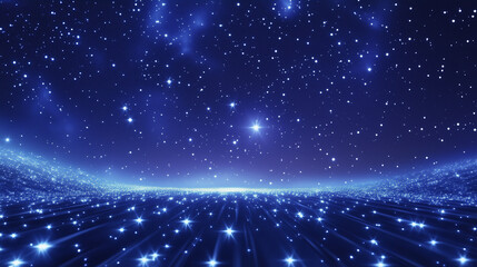 A surreal clear night sky filled with sharp glowing stars above an abstract clean ground plane, stylized lighting with ample negative space