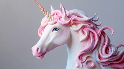 Pastel pink and white unicorn head sculpture with swirling mane.