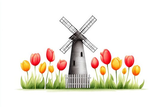 Windmill and Tulips Spring Scene - A charming watercolor illustration of a quaint windmill surrounded by colorful tulips, set against a white background