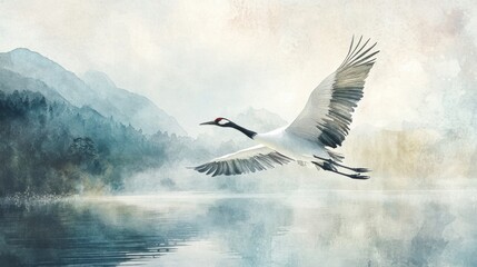 Fototapeta premium Japanese Crane Flying Gracefully Over a Lake