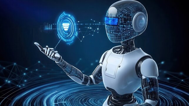 Futuristic humanoid robot accessing secure digital network and displaying cyber protection shield holographic projection over dark background