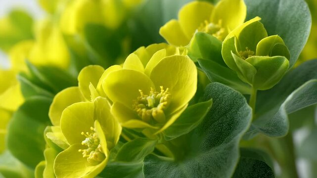Close-up of vibrant chartreuse flowers with distinctive stamen formations and soft green foliage, creating a vivid botanical display.