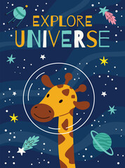 Fototapeta premium Space kids poster.Animal astronauts in among the stars and comets,Giraffe.A postcard, a flyer, an invitation.Vector cartoon flat illustration.
