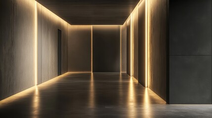 Modern hallway features ambient LED lighting on textured gray walls. Perfect for architectural design, interior decorating, or future concepts.