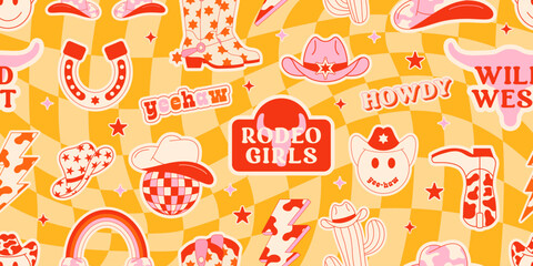 Cowgirl Stickers Seamless Pattern Background. Vector Design Elements. Wild West, Western Themed, Y2K.