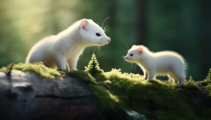 Snow marten with his child standing in the arctic regions green frost forest, rare view in the arctic, rare animal sighting in snowy forest