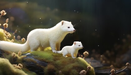 Snow marten with his child standing in the arctic regions green frost forest, rare view in the arctic, rare animal sighting in snowy forest