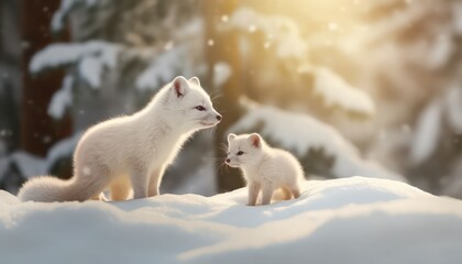 Obraz premium Snow marten with his child standing in the arctic regions green frost forest, rare view in the arctic, rare animal sighting in snowy forest