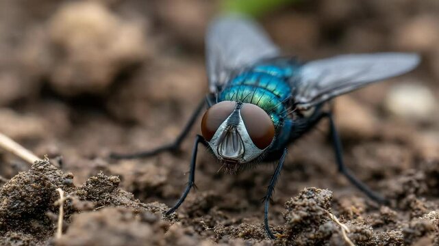 Extreme close-up of a bluebottle fly perched on soil, capturing detailed compound eyes, iridescent body, and intricate leg structure.