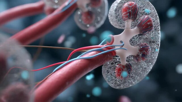 Detailed kidney structure with intricate vasculature and glomerular filtration system for anatomical visualization and medical research.