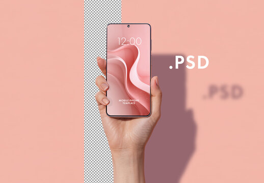Isolated hand holding a smartphone on colored background. Mobile phone mockup