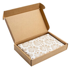 Open cardboard box with patterned tissue paper inside.