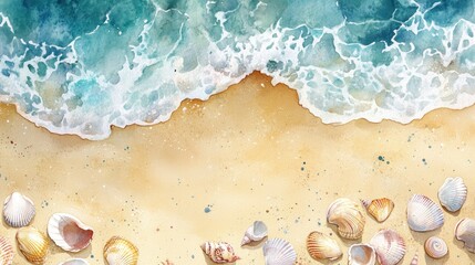 Watercolor seascape with shells on sandy beach