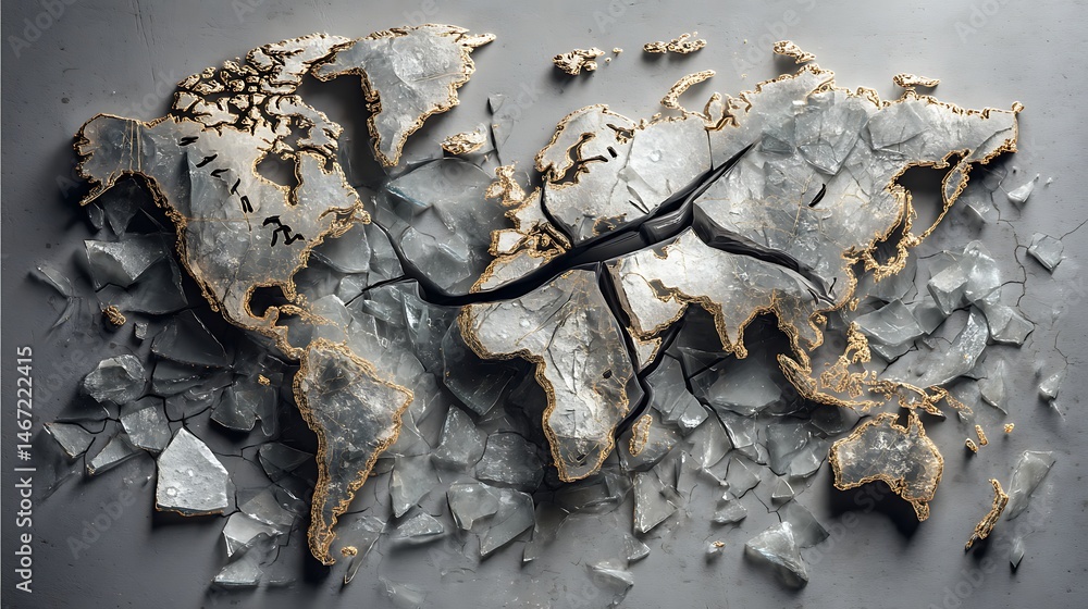 Poster symbolic representation of global division, a fractured world map