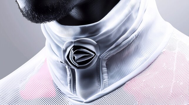 Close-up of a high-tech, white performance garment with a unique collar design