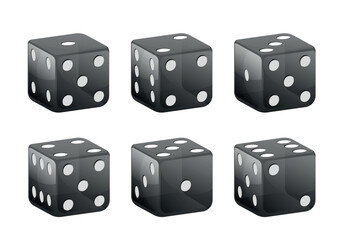 Black dice with white dots. Vector set isolated on white background. 3d dice.