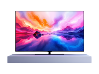 Modern smart TV displaying vibrant landscape artwork.