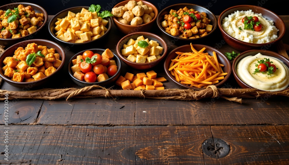 Poster a table displaying a colorful array of bowls filled with diverse culinary delights