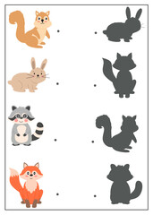 Obraz premium Match each animal with its correct shadow on the right side. Matching shadow worksheet for kindergarten, find the correct shadow activity, animals worksheet for kids
