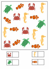 I can spy worksheet for kids, how many printable for kindergarten, i can spy worksheet with sea animals theme, how many activity for kids
