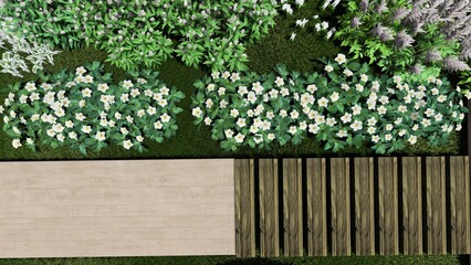 3d image of the landscape design of the home territory. Landscaping of the territory. Computer visualization of composite landscaping and landscaping solutions. White garden.