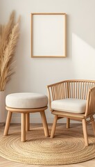 Light wood chair and ottoman on jute rug with pampas grass