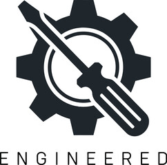 Engineering concept logo featuring gear screwdriver and the word engineered simple design
