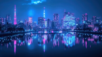 Fototapeta premium Futuristic Tokyo skyline with neon reflections Ultrеле