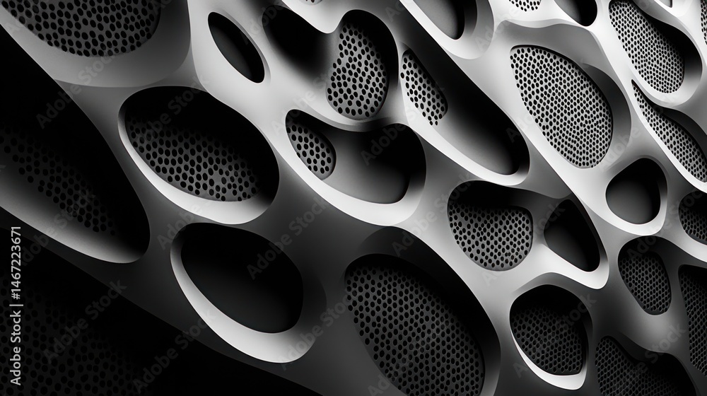Poster abstract grayscale 3d rendering of organic, porous, textured surface with irregular holes and patter