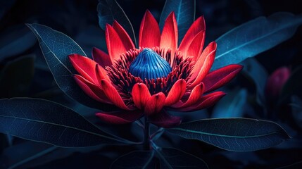 Close-up of a vibrant red flower in a dark setting.