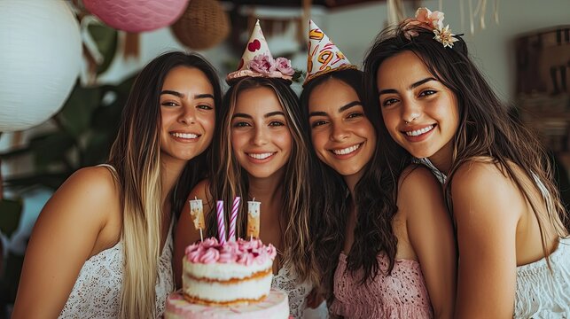 A group of five women celebrate together at a birthday party, raising glasses of colorful drinks in a toast.