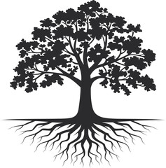 Silhouette illustration of a mature oak tree with extensive roots vector design