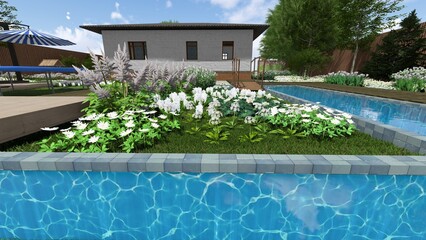 3d image of the landscape design of the home territory. Landscaping of the territory. Computer visualization of composite landscaping and landscaping solutions. White garden.